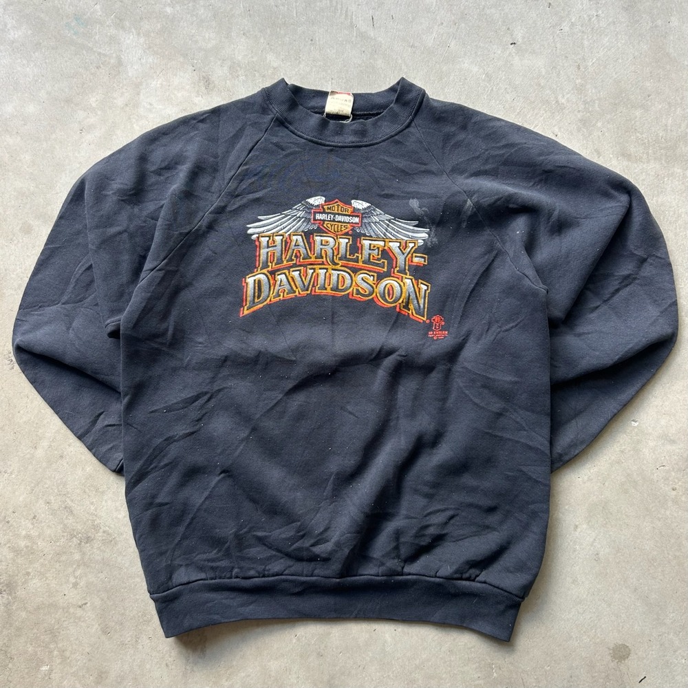 Vintage 1989 Harley Davidson 3D Emblem Sweatshirt Black Raglan Mens L Fruit Loom